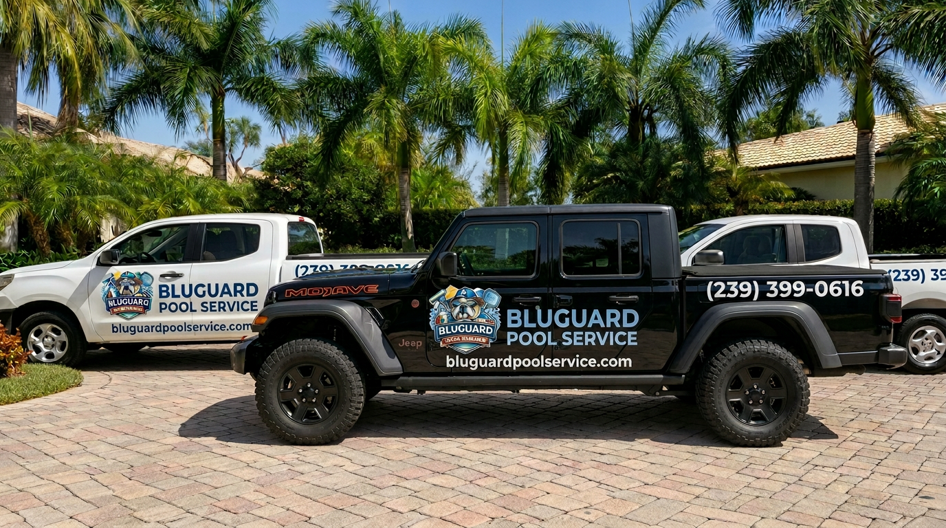 Fleet of small Bluguard Pool Service pickup trucks fully wrapped with the company logo, parked together in Naples, Florida