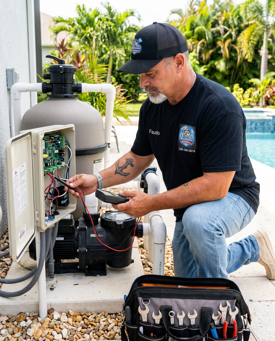 Fausto diagnosing pool equipment and automation repairs in Bluguard uniform