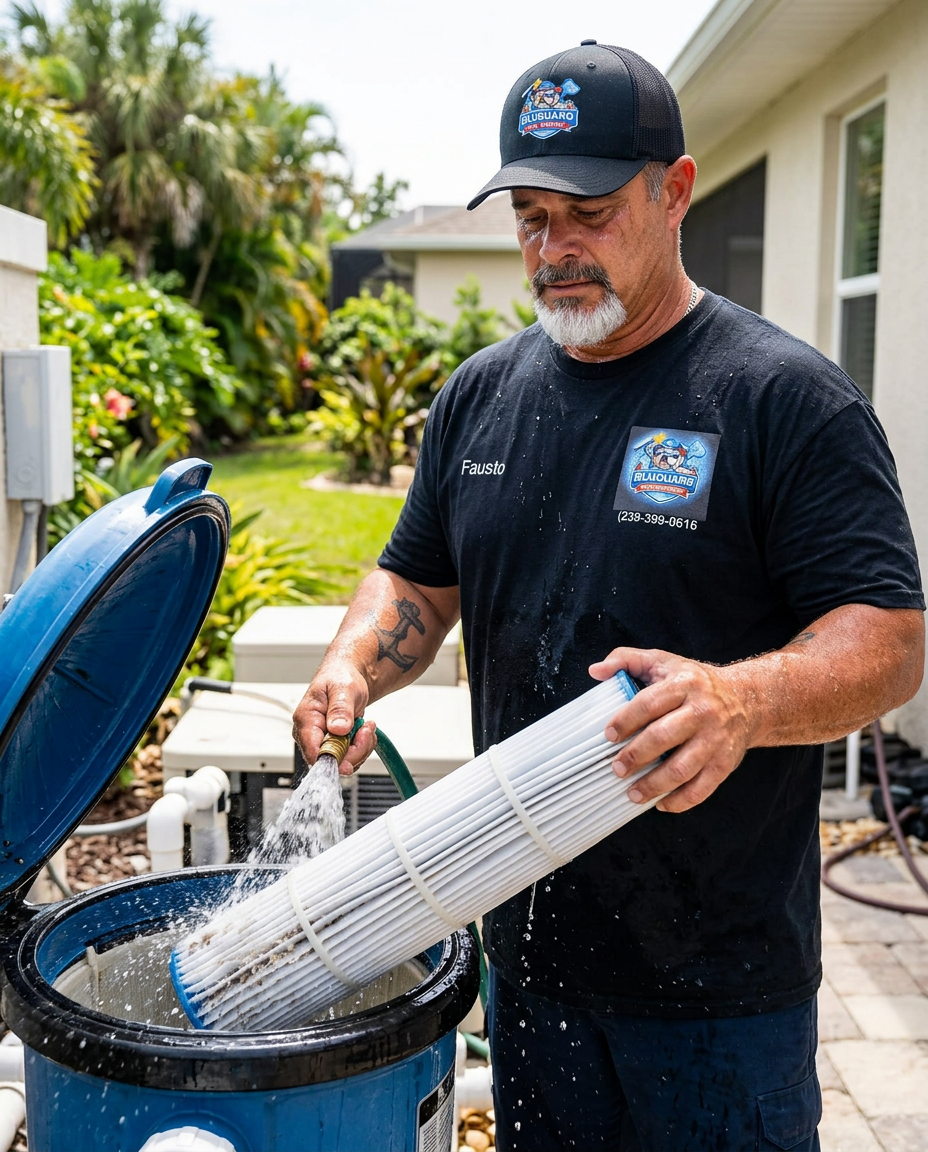 Fausto cleaning a pool filter cartridge with a hose in Bluguard uniform