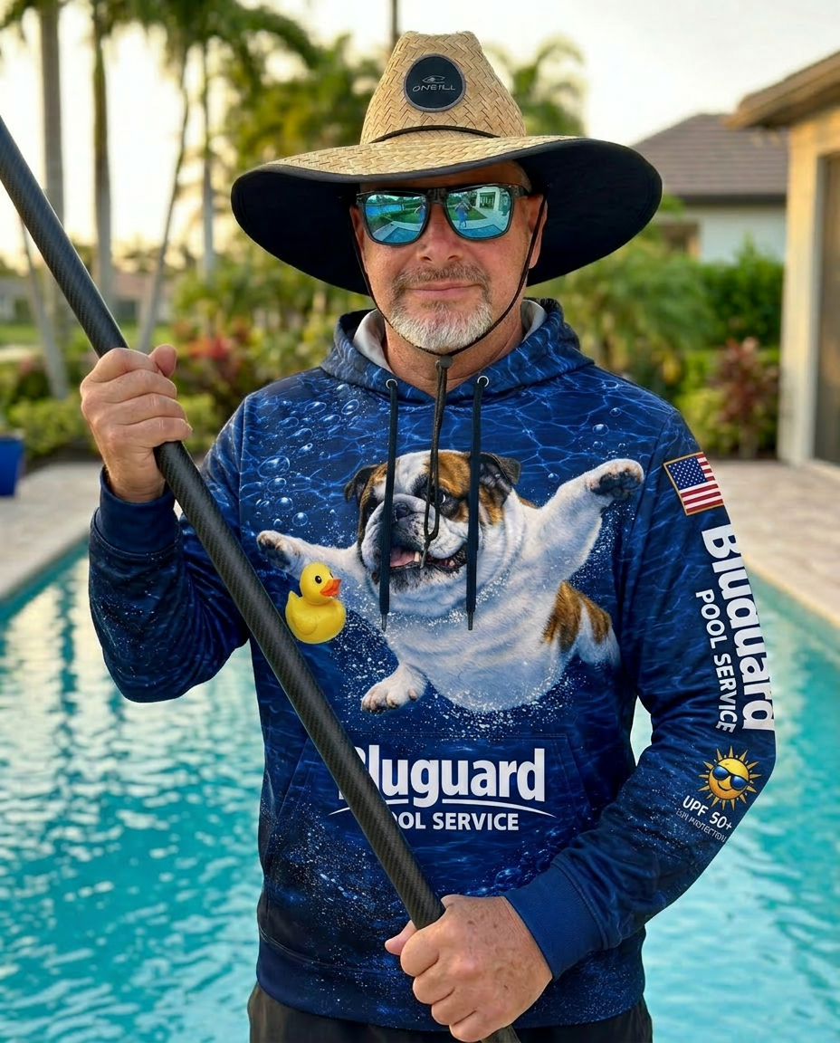 Fausto Salas, founder of Bluguard Pool Service, in Bluguard uniform standing by a Naples pool