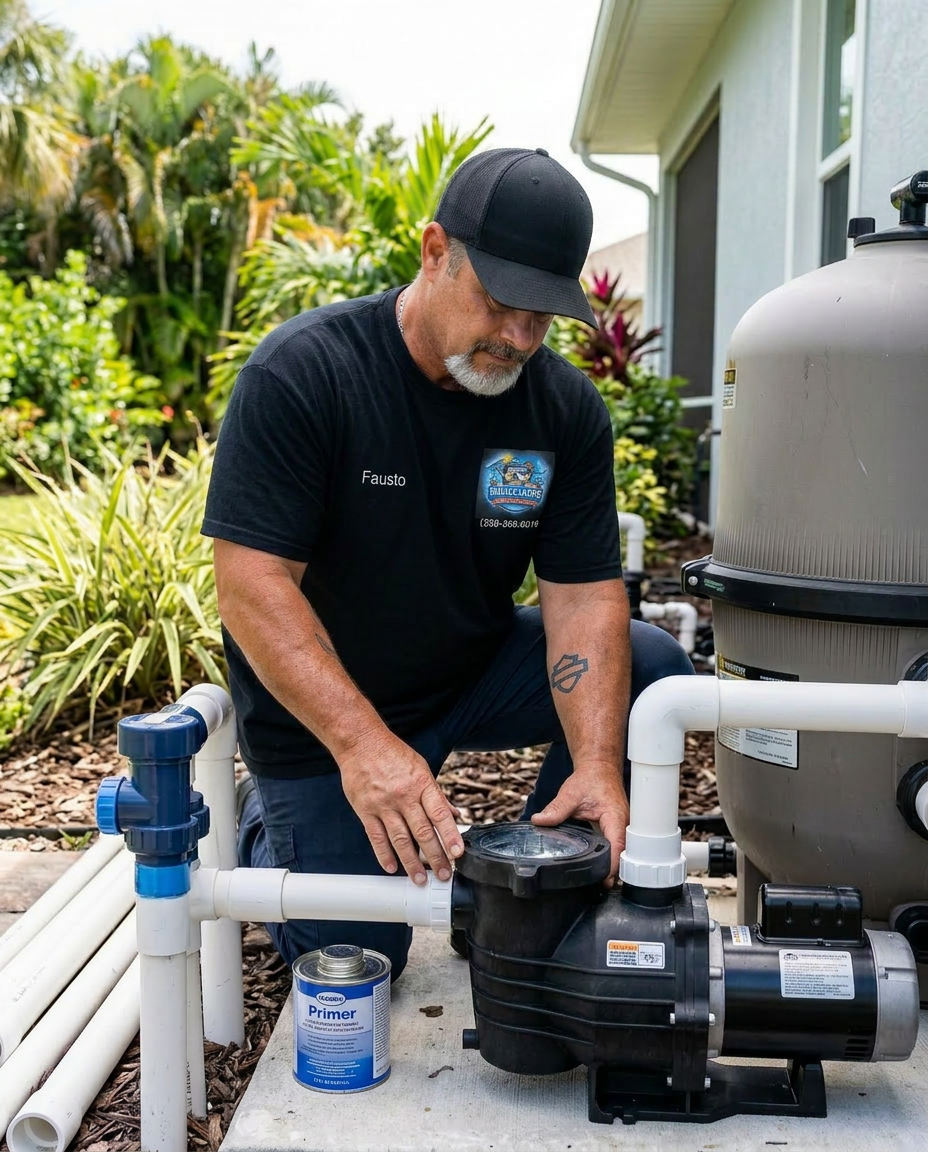 Fausto replacing a pool pump at a residential equipment pad in Bluguard uniform