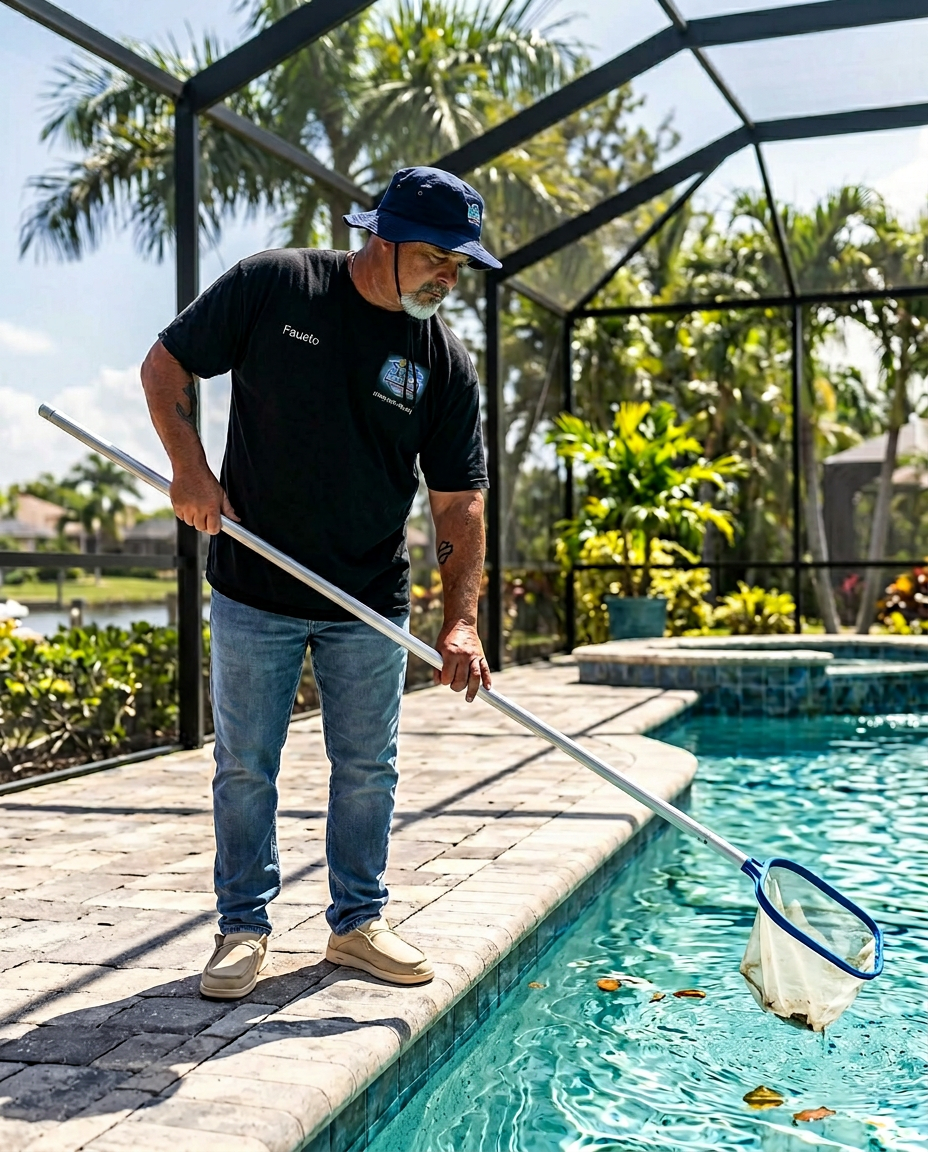 Fausto standing and skimming debris from a screened-in Naples pool in Bluguard uniform