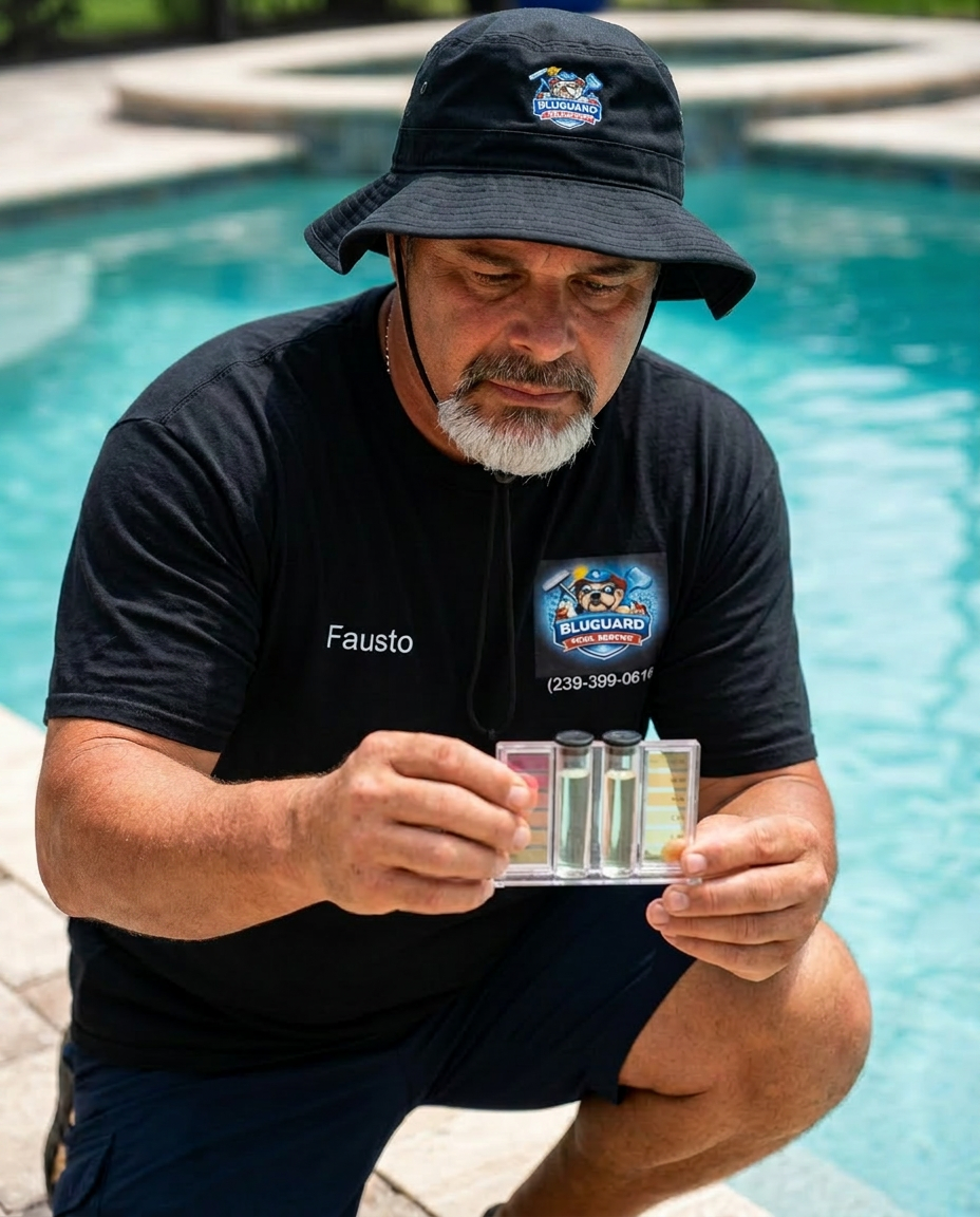 Fausto testing pool water chemistry with a reagent kit in Bluguard uniform