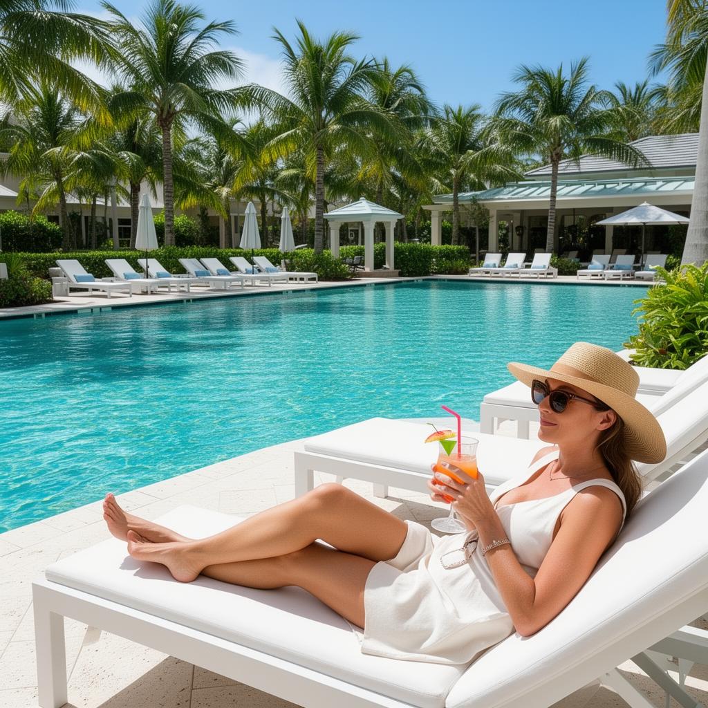 Woman relaxing on a pool lounger enjoying a sunny day by a crystal-clear pool