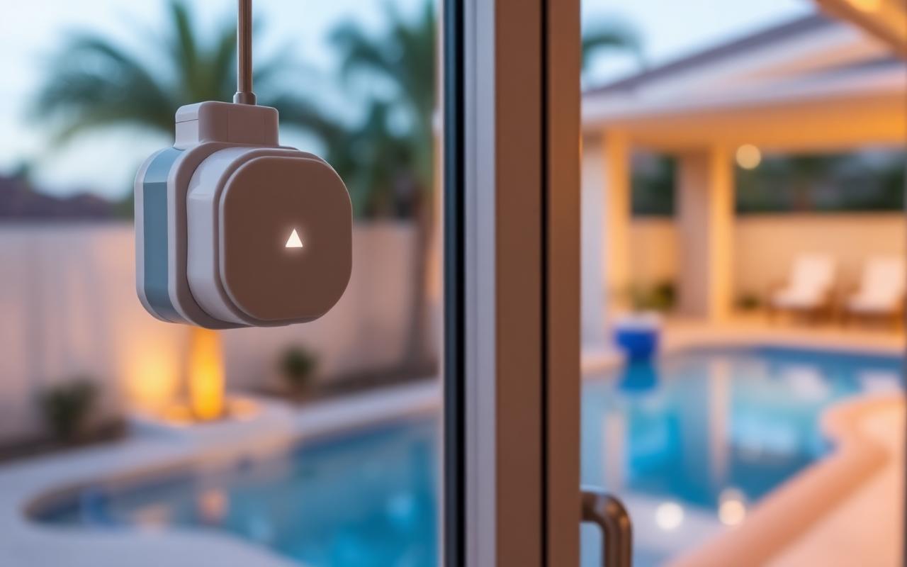 Pool door alarm sensor mounted at the top of a sliding glass door