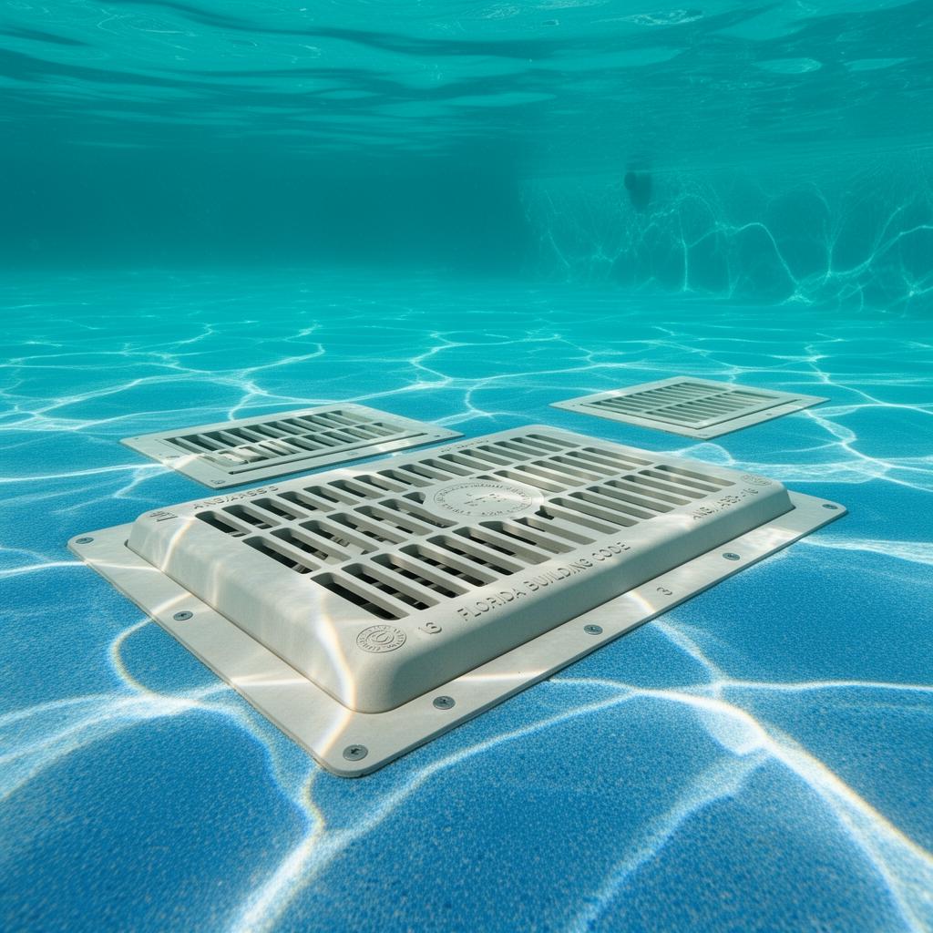 VGB-compliant anti-entrapment white drain cover at the bottom of a pool