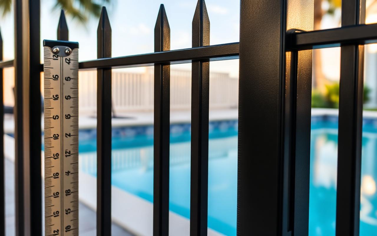 Tape measure showing 48-inch height of a black aluminum pool fence