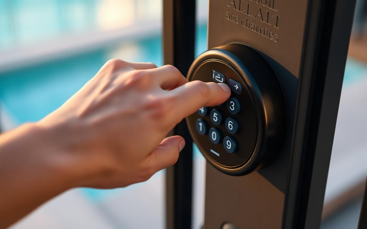 Hand entering a code into a weatherproof keypad lock on a pool gate