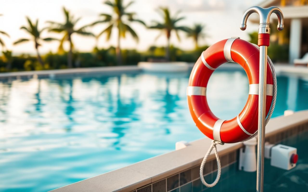 Red life ring and shepherd's crook rescue pole beside a luxury pool