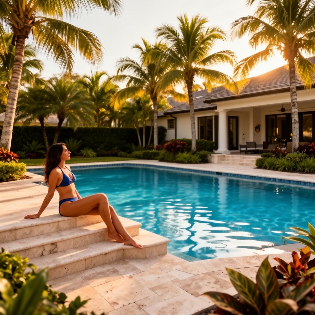 Woman in bikini relaxing in a residential backyard pool