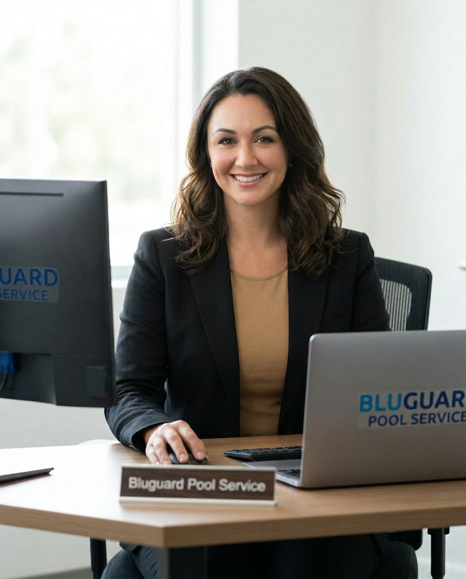 Maritza, Bluguard Pool Service team member, smiling by a Naples pool in Bluguard uniform