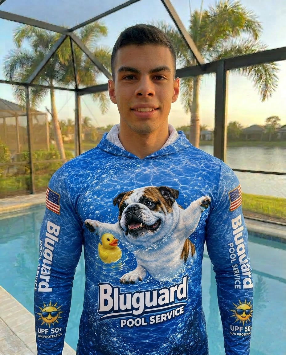 Sebastian, Bluguard Pool Service team member, smiling by a Naples pool in Bluguard uniform